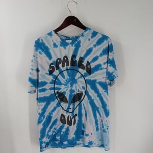 VTG Y2K Spencer's Spaced Out Alien Graphic Tie-Dye T-Shirt Blue White Size L